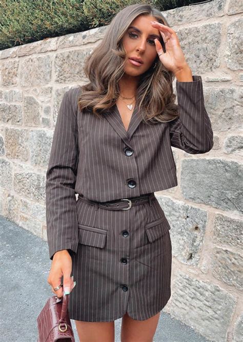 Pin Stripe Blazer Waist Belt Mini Skirt Co Ord Set Brown I Lily Lulu