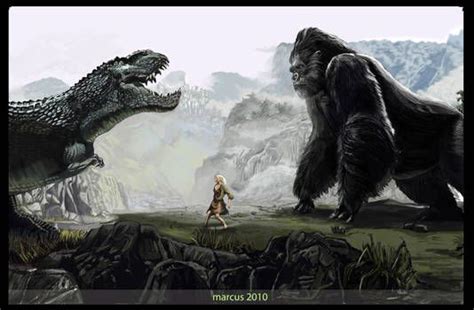 An Image Of Godzilla And Gorilla Fighting With Each Other