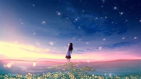 Download Wallpaper 1366x768 Original Sunset Landscape Anime Girl