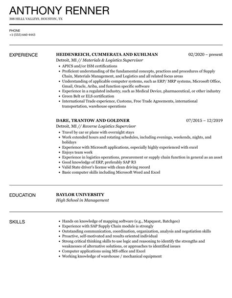 Logistics Supervisor Resume Samples Velvet Jobs