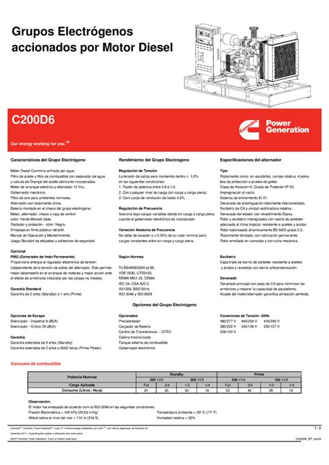 C200d6 Ficha Técnica De Grupo Electrógeno En Marca Cummins Para