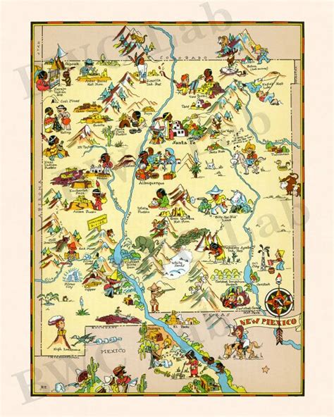 Colorful Fun State Map Of New Mexico Vintage Pictorial Etsy