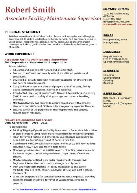 Our maintenance supervisor resume sample is the best blueprint you can use to package your skills together in the most enticing way. Facility Maintenance Supervisor Resume Samples | QwikResume