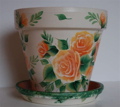 Hand Painted Clay Flower Pot One Stroke Peach By Mountblossom