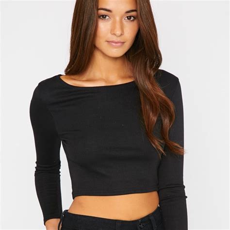 Basic Black Ribbed Long Sleeve Crop Top Pretty Little Thing Pickture