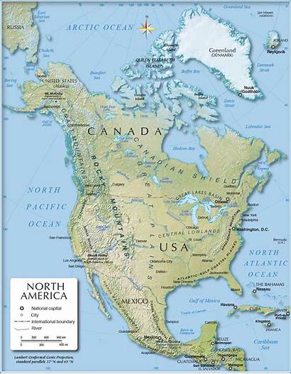 America North Map Physical Labeled Relief Usa