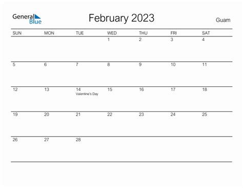 Printable February 2023 Monthly Calendar With Holidays For Guam