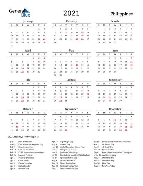 2021 Philippines Calendar With Holidays