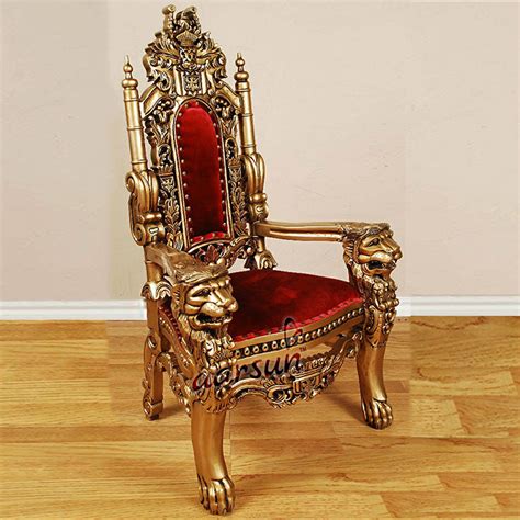Classic Royal Lion Head Carved King Throne Chair With Gold Upholstery