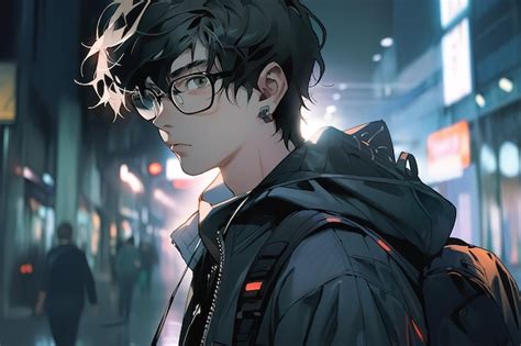 Premium Ai Image Lonely Pensive Anime Guy In Glasses With Black Hair