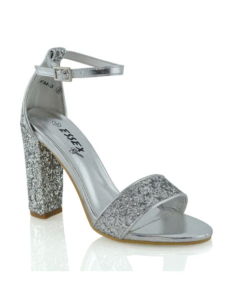Briana Silver Glitter Block Heel Sandal Shoes Xy London