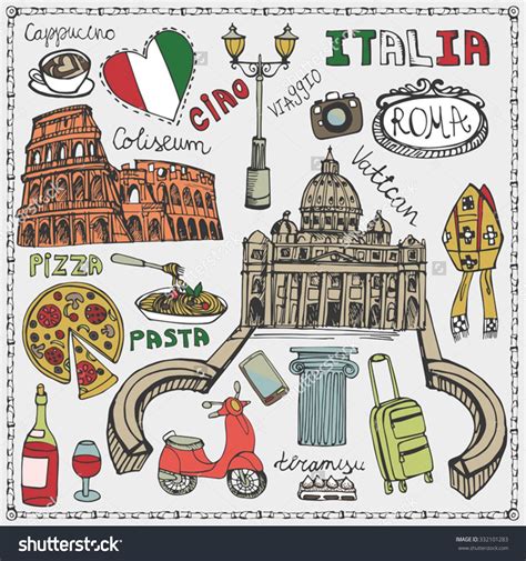 Italy Famous Rome Landmarkletteringfood Setvintage Hand Drawn Doodle