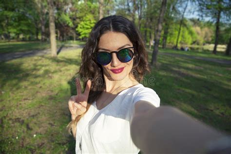 Attractive Beautiful Young Woman Taking Selfie Stock Image Image Of Self Park 90531879
