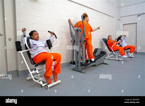 Multi Ethnic City Jail Womens Unit Inmates Use Exercise Yard Equipment