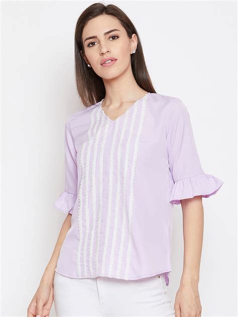 Lilac Crepe Top With Lace Inserts Tops White Lace Top Women