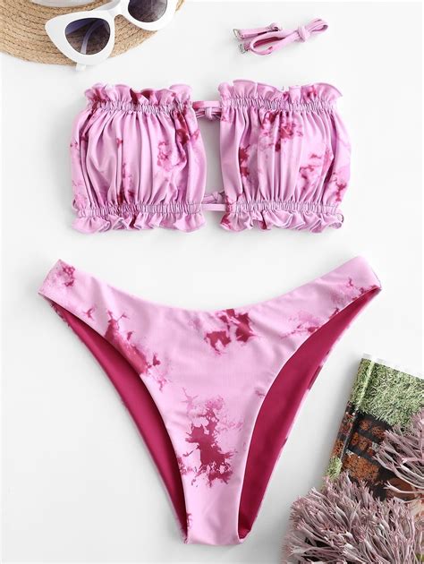 Zaful Tie Dye Frilled Cutout Reversible Bikini Swimsuit Multi A Multi B
