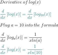 The general formula for differentiation of a logarithmic function with the natural exponential function, e^x, is the inverse of the natural log function, and is continuous because inverses of continuous functions are continuous. Finding the Derivative of log(x) - Video & Lesson ...