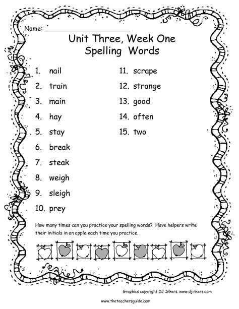 1st Grade Spelling Words Printable