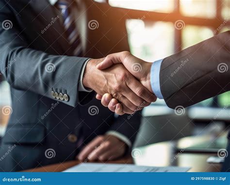 Two Men In Business Suits Are Shaking Hands At Table They Appear To Be
