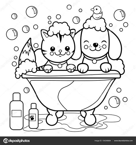 Kat en hond kleurplaat tropicalweather. Hond en kat nemen van een bad. Boek kleurplaat ...