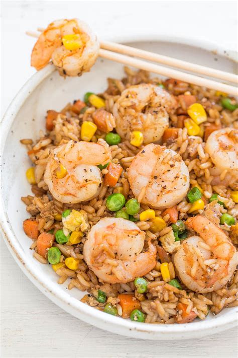 Slide the onion, carrots, and peas to one side of skillet and add in the lightly beaten eggs to the other side. Easy Better-Than-Takeout Shrimp Fried Rice - Averie Cooks