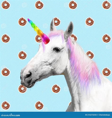 Trendy Art Collage Beautiful Unicorn On Color Background Stock Image