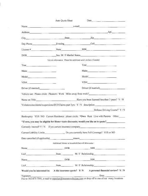 Free Auto Quote Sheet Template