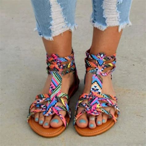 Women Sandals Summer Flat Sandals Colorful Ankle Strap Shoes Sexy Party Ladies Sandals Female