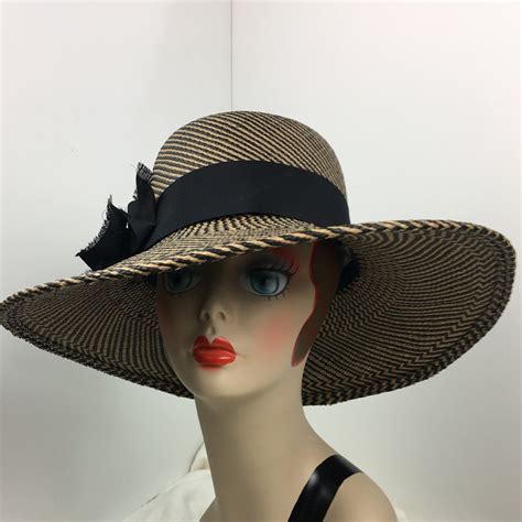 Panama Straw Hat Wide Brim Rare Black With Brown Weave Womans Hand Woven