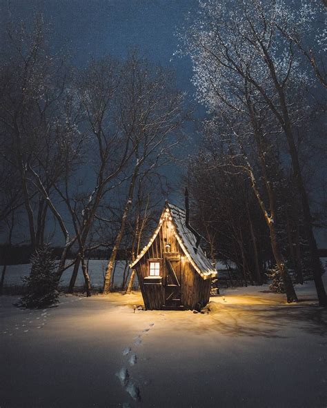 Snow Covered Cabin Snow Forest Night Hut Beautiful Places Cozy