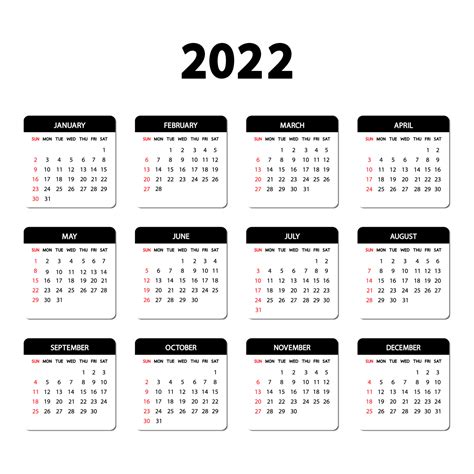 Simple 2022 Year Calendar Week Starts On Sunday Eps 8