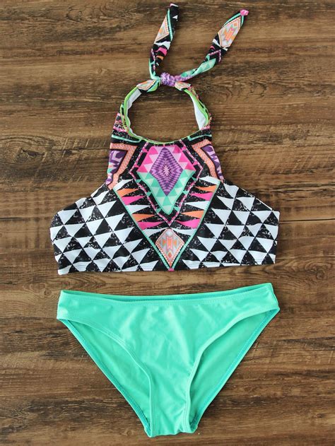 Geometric Pattern Halter Top Mix And Match Bikini Set Geometric Print Bikini Printed Bikini