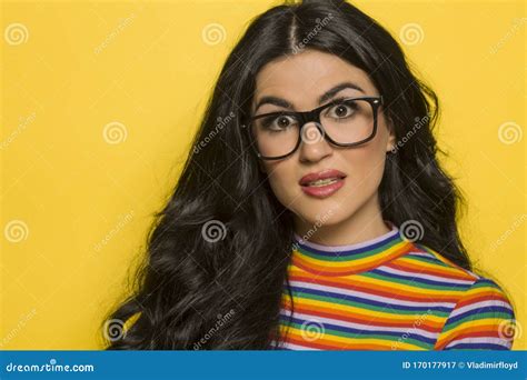 Attractive Surprised Brunette With Glasses On Yellow Stock Image Image Of Surprised Space