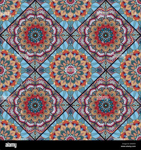 Boho Tile Flower Squares Blue Red Stock Vector Image And Art Alamy
