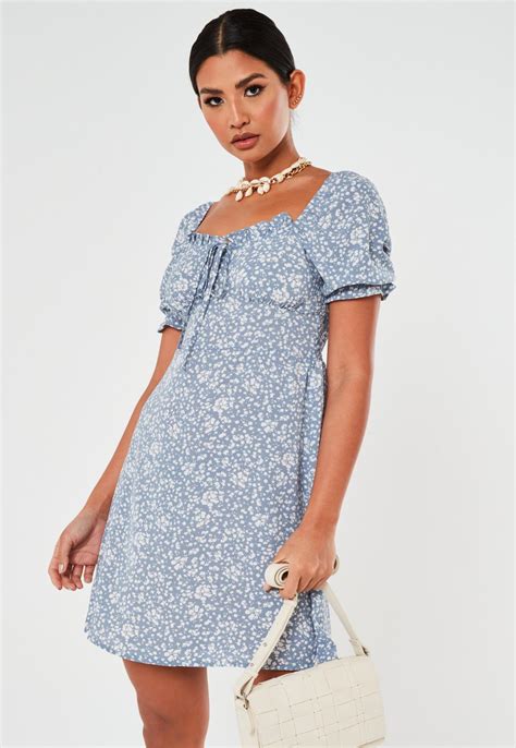 Blue Floral Milkmaid Mini Dress | Missguided