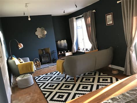 Living room color scheme ideas will help you to add harmonious. Hague blue walls, grey, copper and mustard. Retro feel. (With images) | Blue living room decor ...