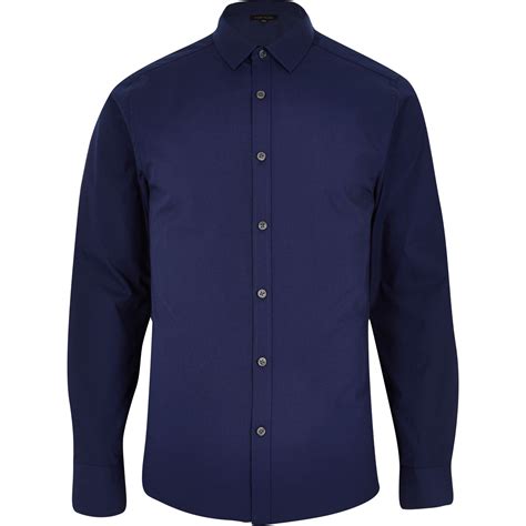 River Island Navy Long Sleeve Button Shirt In Blue For Men Lyst
