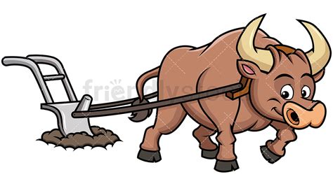 Happy Ox Plowing Field Cartoon Vector Clipart Friendlystock