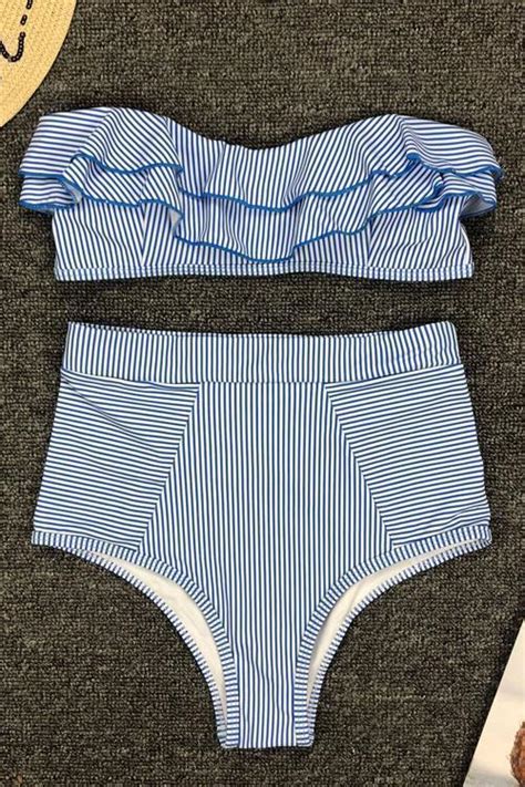 high waist striped ruffle bikini set