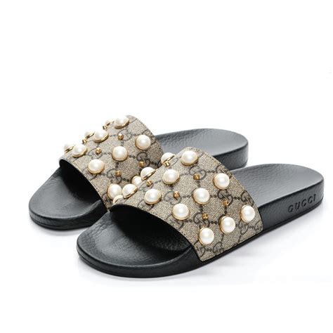 Gucci Gg Supreme Monogram Pearls Slide Sandals 37 Beige Fashionphile