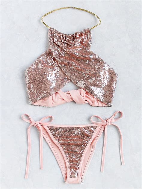 Shop Sequin Overlay Cross Front Halter Bikini Set Online SheIn Offers