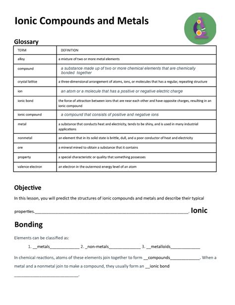 Guided Notes Ionic Compounds And Metals Ionic Compounds And Metals