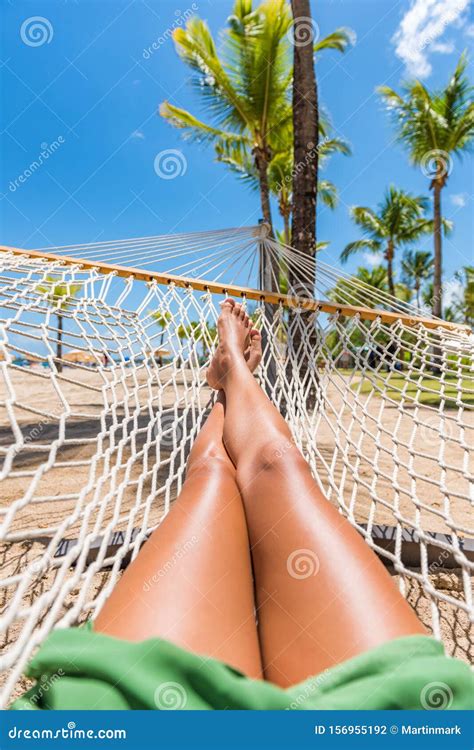 Beach Hammock Vacation Woman Feet Selfie Girl Relaxing Taking Pov Picture Of Her Legs And Feet