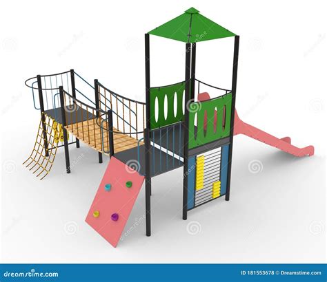Children`s Playground With Slide And Suspension Bridge 3d Rendering