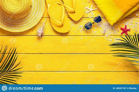 Yellow Summer Background With Beach Accessories Stock Image Image Of
