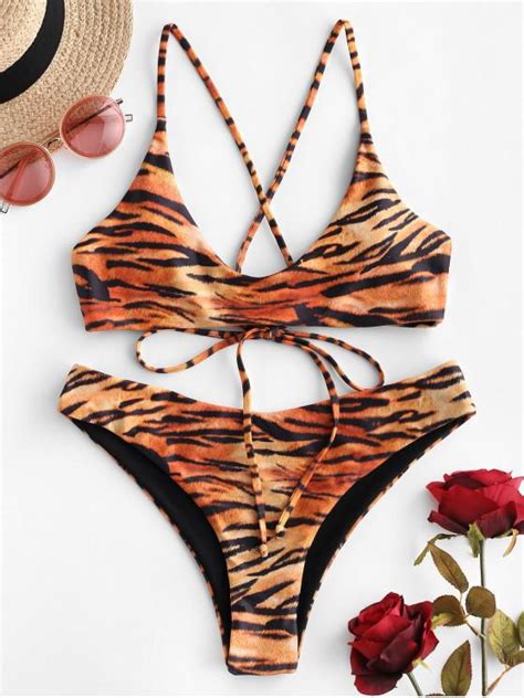 30 OFF 2021 ZAFUL Tiger Print Lace Up Reversible Bikini Swimsuit In