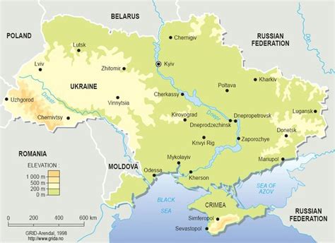 Physical map of ukraine showing major cities, terrain, national parks, rivers, and surrounding countries with international borders and outline maps. Ukraine