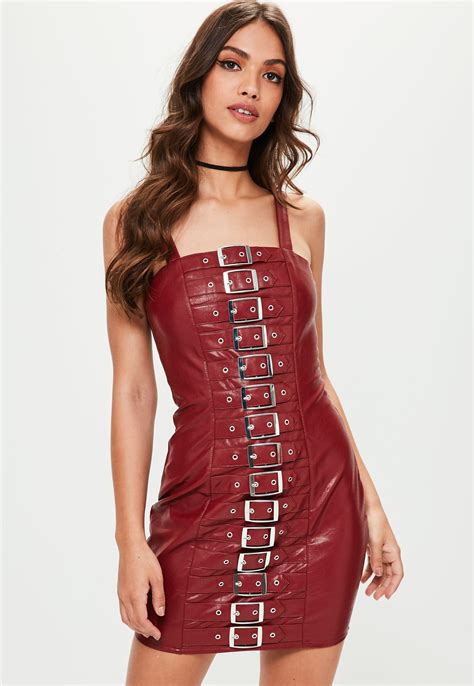 Lyst Missguided Red Faux Leather Buckle Detail Bodycon Dress In Red