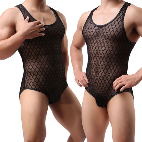 men s bodysuit mesh sheer leotard jumpsuit wrestling singlet lingerie underwear ebay