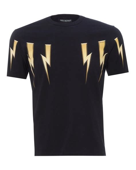 Neil Barrett Mens Gold Thunderbolts Print T Shirt Black Tee
